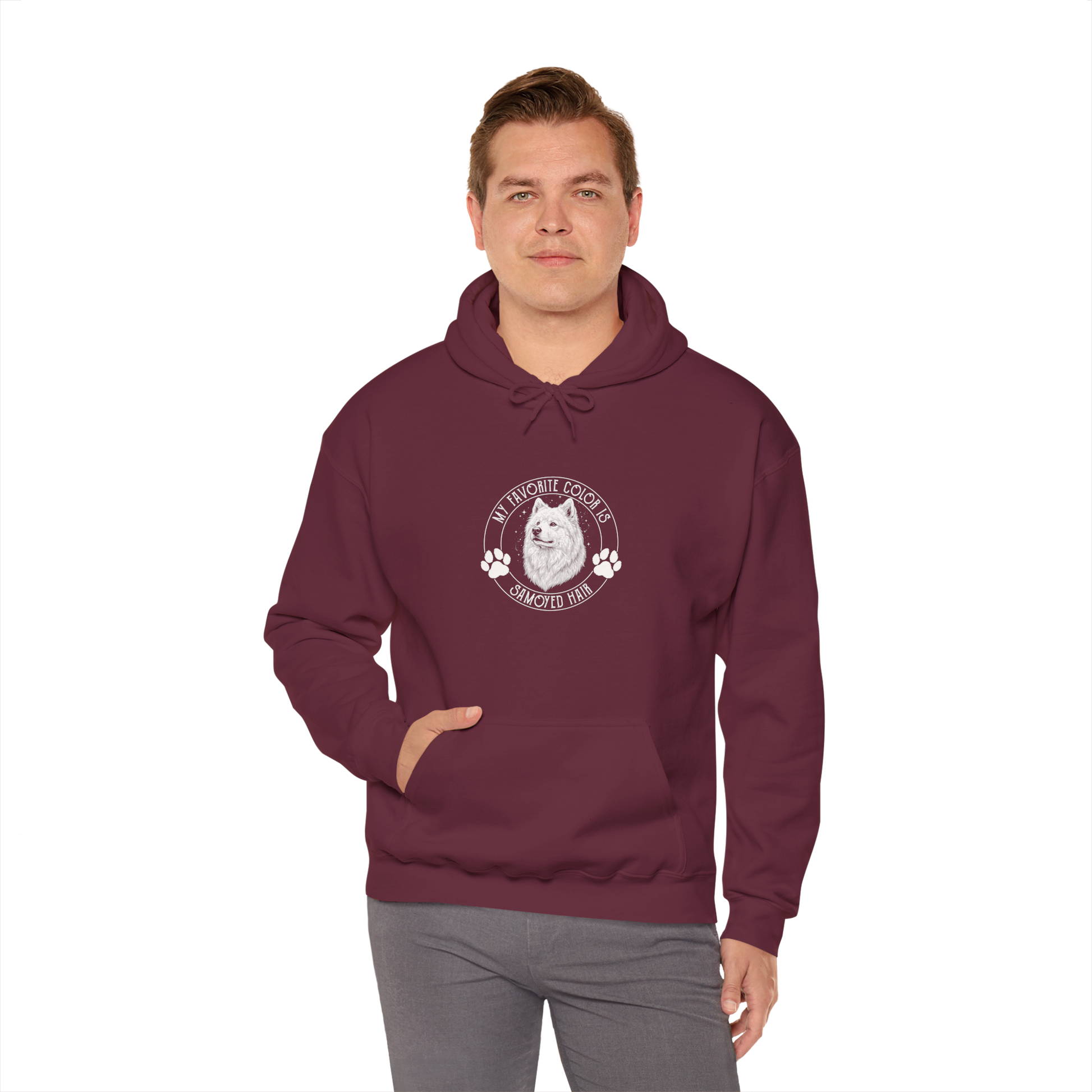 My Favorite Color Is Samoyed Hair Hoodie | Samoyed Owner Gift — maroon, worn by model