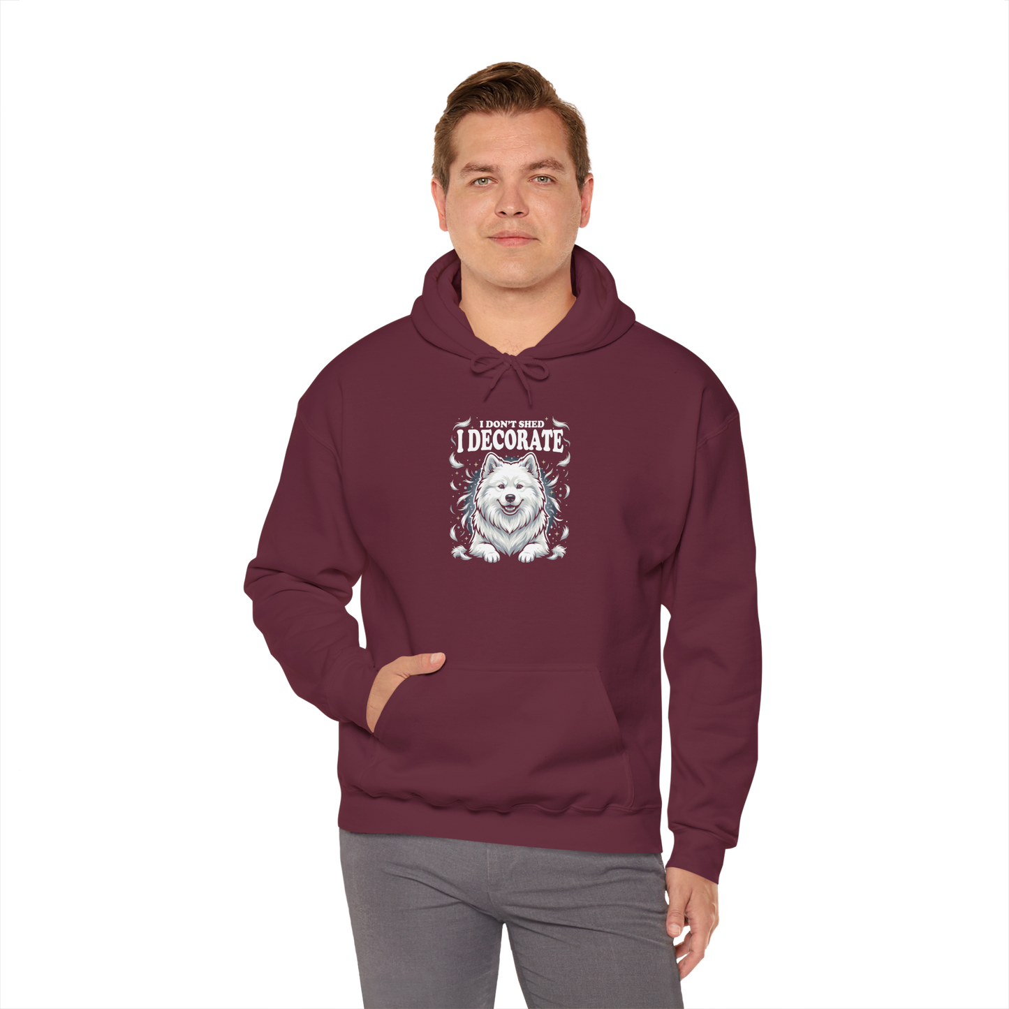 "I Don't Shed, I Decorate" Hoodie — maroon, worn by model