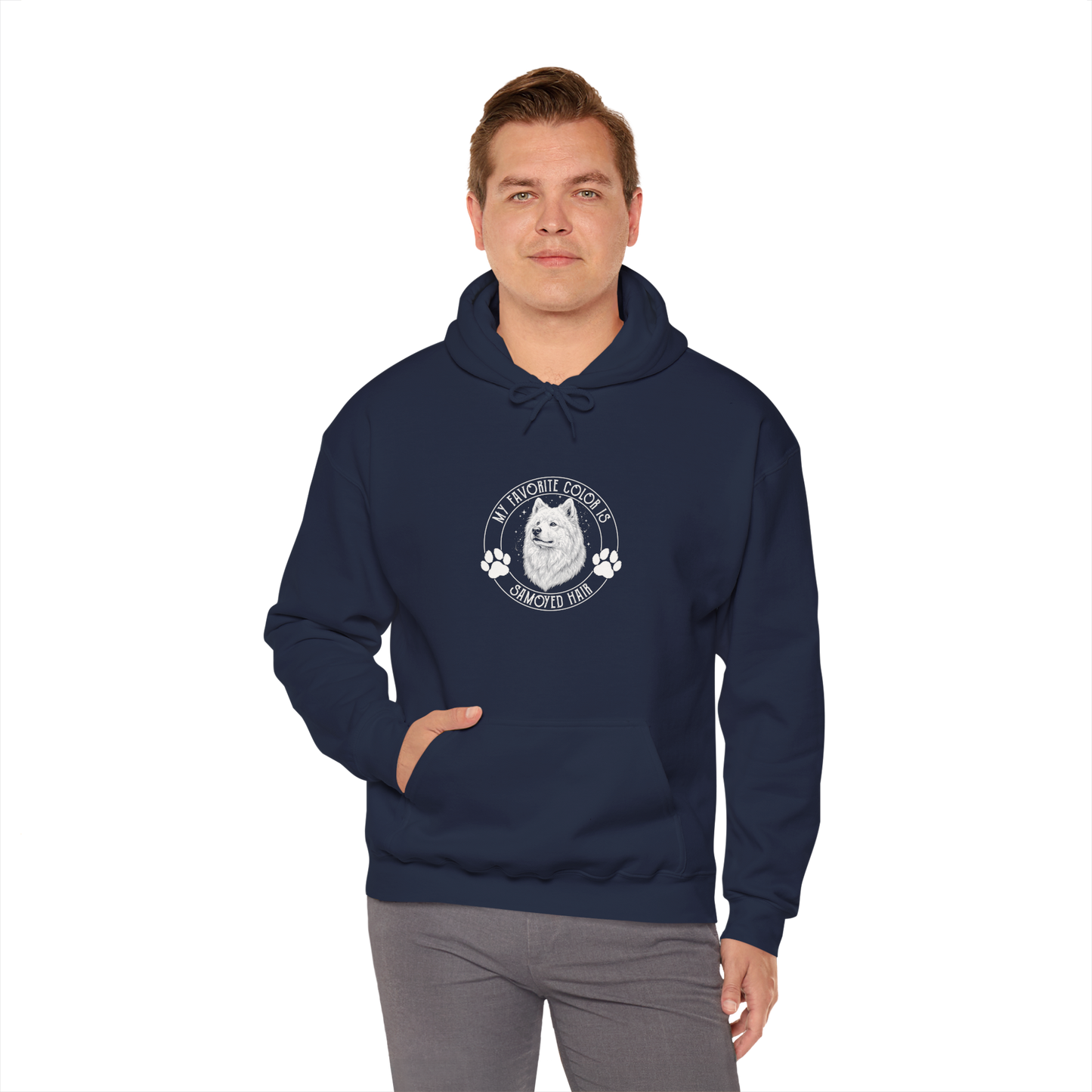 My Favorite Color Is Samoyed Hair Hoodie | Samoyed Owner Gift — navy, worn by model