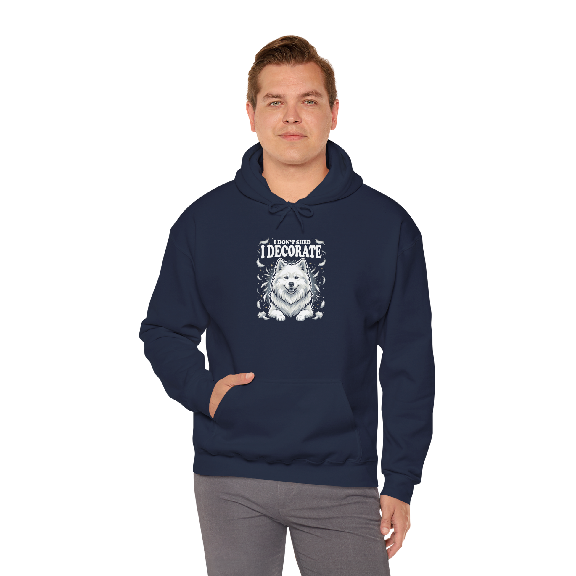 "I Don't Shed, I Decorate" Hoodie — navy, worn by model