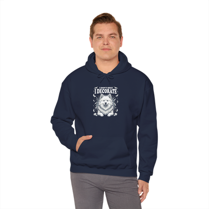 "I Don't Shed, I Decorate" Hoodie — navy, worn by model