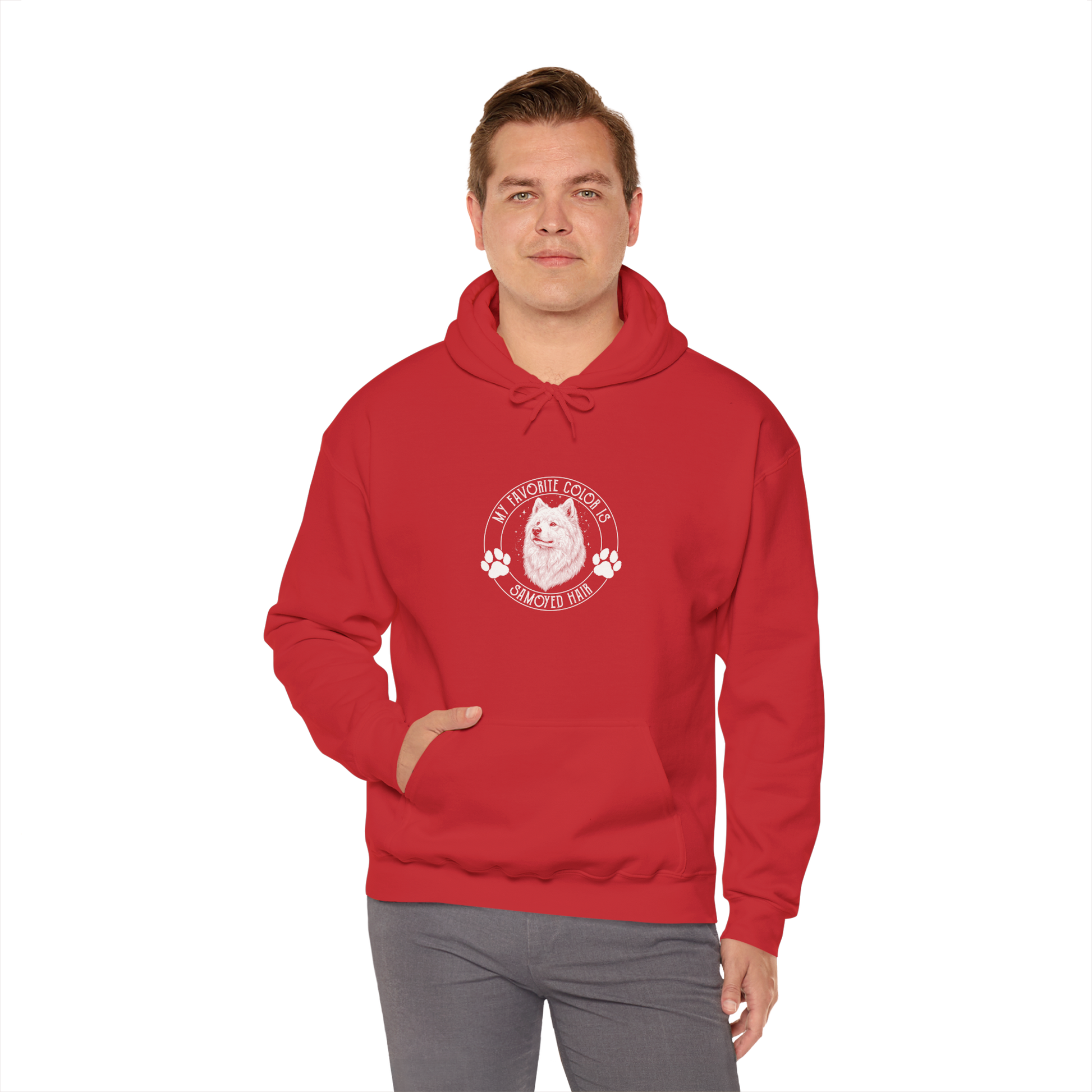 My Favorite Color Is Samoyed Hair Hoodie | Samoyed Owner Gift — red, worn by model