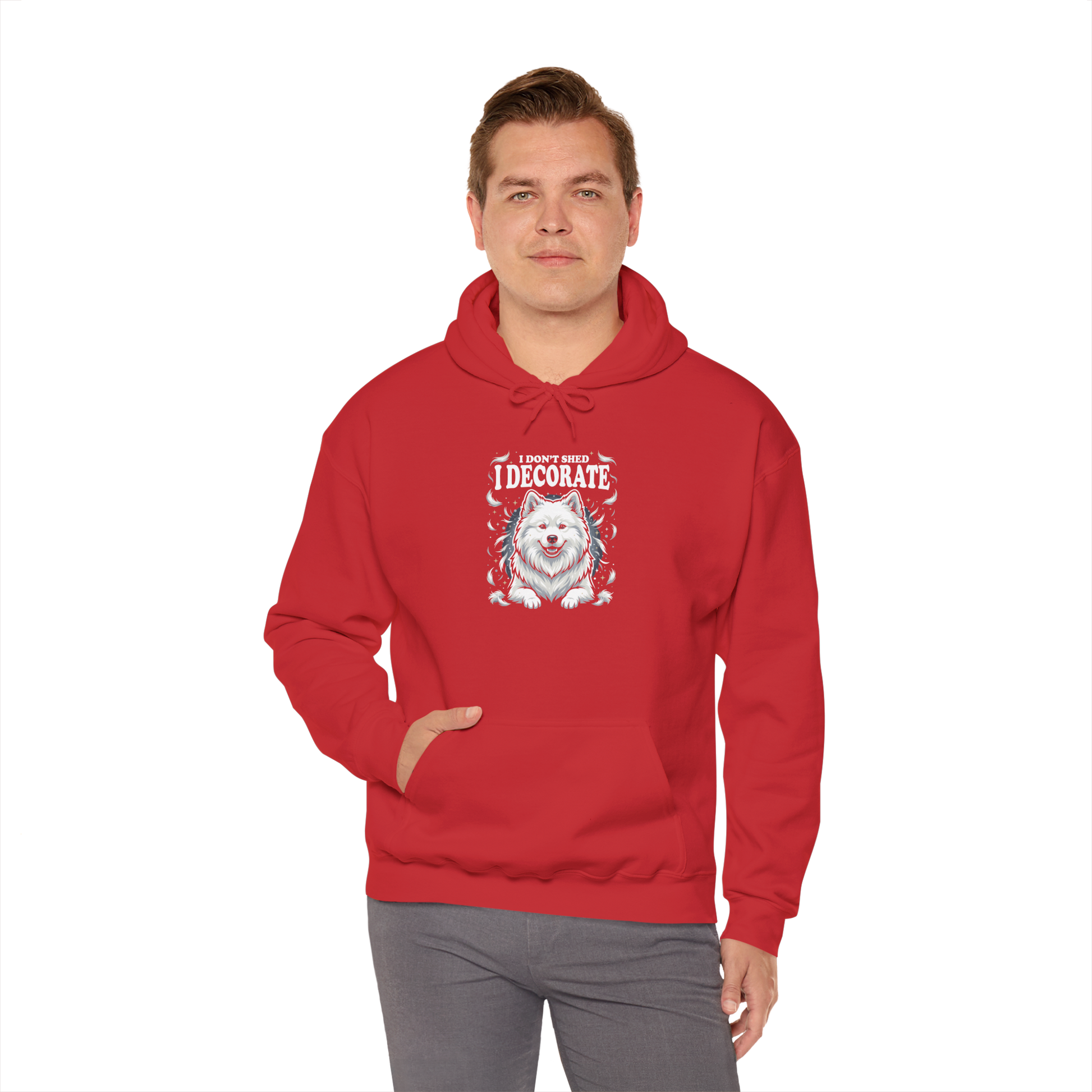 "I Don't Shed, I Decorate" Hoodie — red, worn by model