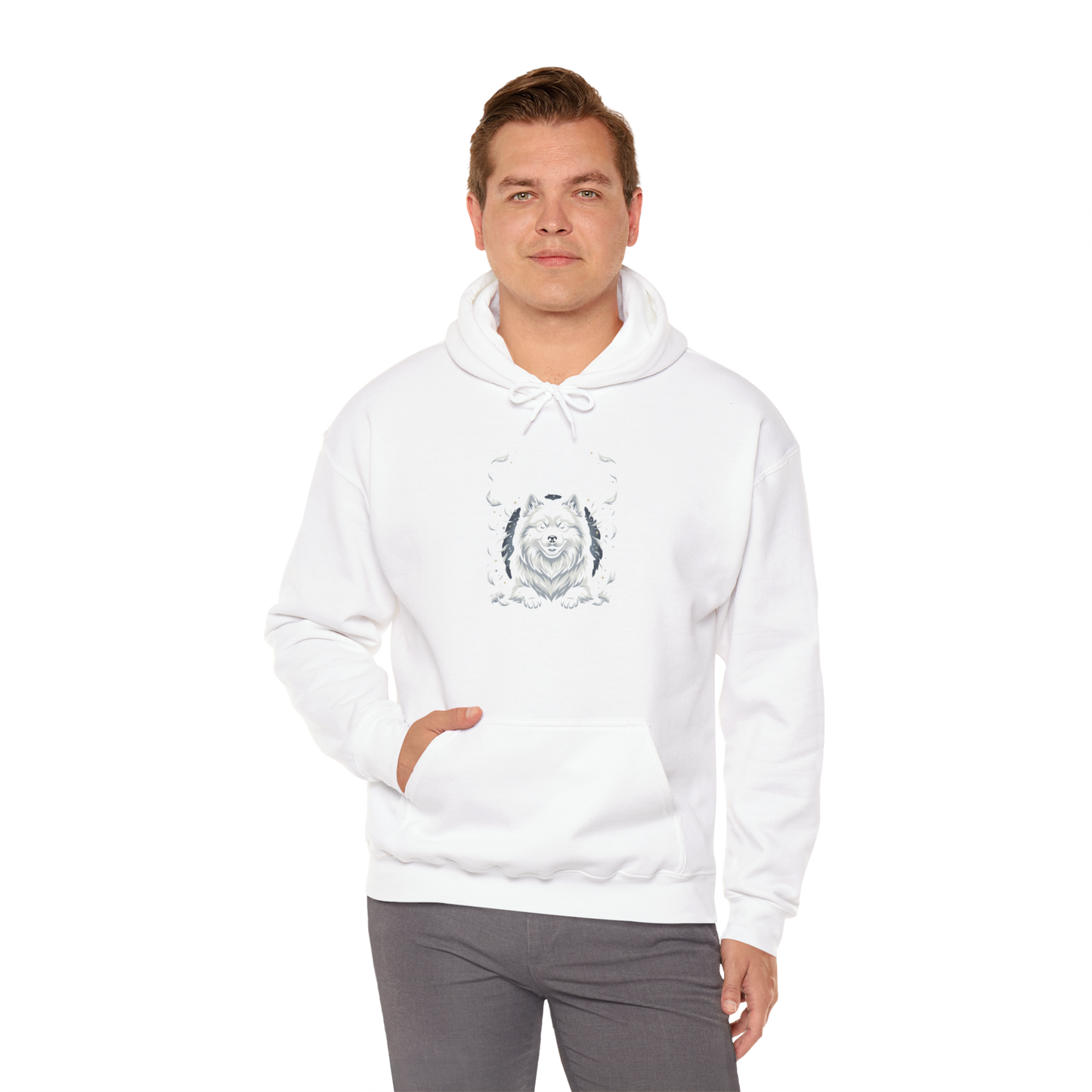 "I Don't Shed, I Decorate" Hoodie — white, worn by model