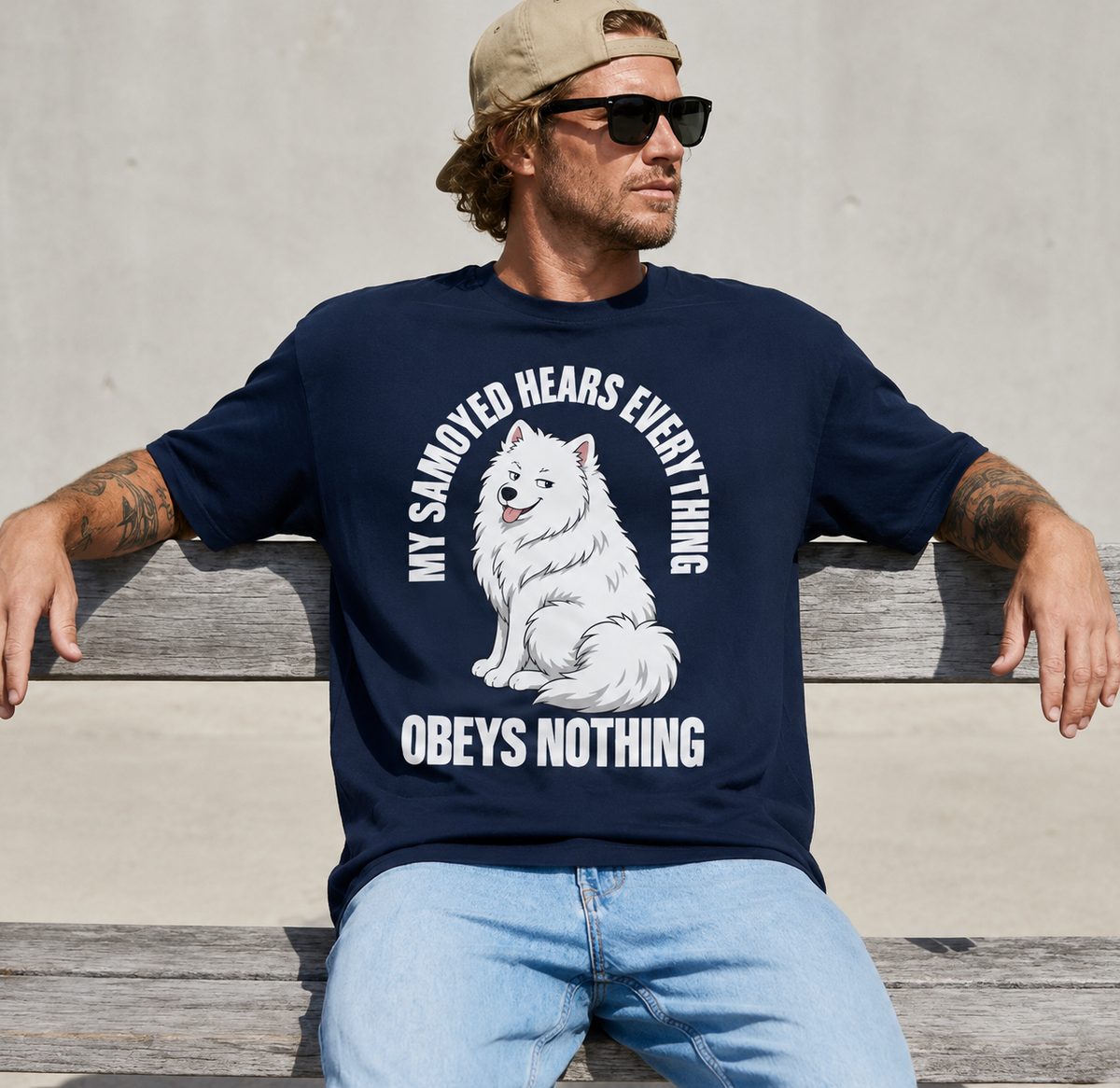 Navy blue Samoyed owner funny t-shirt mockup