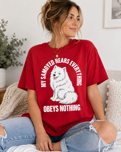 Red Samoyed owner t-shirt worn by female model